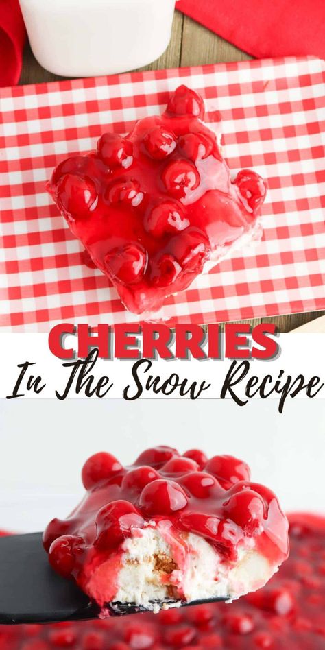 Cherry Berries in The Snow Dessert Recipe | Dine Dream Discover Cherries In The Snow Poke Cake, Canned Cherry Dessert Recipes, Cherry Berries On A Cloud, Cherries On A Cloud, Cherry In The Snow, Cherries In Snow Dessert, Cherries In A Cloud Dessert, Cherry Berry On A Cloud Recipe, Cherries In The Snow Dessert