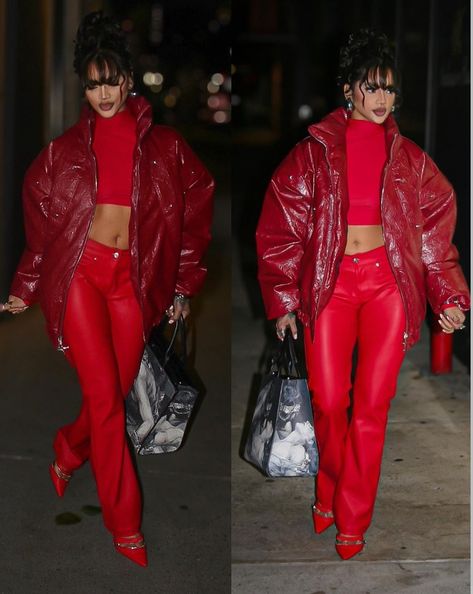 Red Leather Pants Outfit Street Styles, Monochromatic Red Outfit, All Red Outfit Black Women, Red Jacket Outfit Winter, Red On Red Outfit, Monochrome Red Outfit, Red Top Outfit Aesthetic, Red Outfits Black Women, Red Monochromatic Outfit