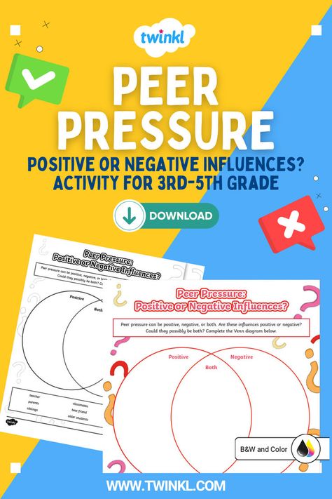 Peer Pressure: Positive or Negative Influences? Activity for 3rd-5th Grade Peer Pressure Activities, Venn Diagram, Peer Pressure, Independent Work, Pressure Canning, Positive And Negative, 5th Grades, Kids Education, Social Studies