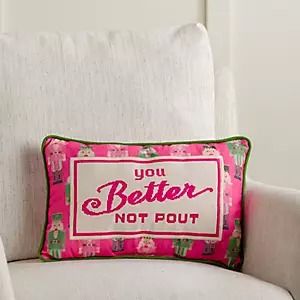 You Better Not Pout Needlepoint Pillow Pink Green Christmas Decor, Needle Point Pillows, Apartment 2023, Painted Pillows, Christmas Throw Pillows, Funky Pillows, Better Not Pout, Tartan Plaid Christmas, Vintage Pink Christmas