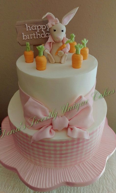 Pink Gingham Cake, Plaid Cake, Bunny Birthday Cake, First Bday Ideas, Bow Cakes, Fake Bakes, Easter Home Decor, Bunny Birthday, 1st Bday Ideas