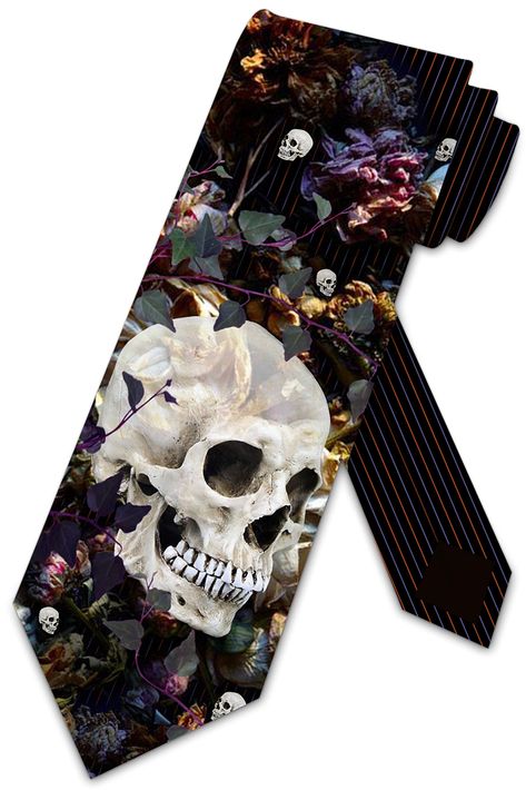 PRICES MAY VARY. Microfiber Skull Ties Floral Necktie is a great outfit accessory for Halloween. 57 Inches long - Standard Adult Length 3.5 Inches wide right before the tip - Standard Adult Width Crafted in 100% microfiber Officially Licensed Three Rooker Necktie This hauntingly alluring vintage floral skull tie is great for Halloween. This tie features a semitransparent skull surrounded by vintage colored flowers and vines accompanied by a retro inspired purple and orange pin stripe design. Thi Skull Tie, Gothic Wedding Theme, Dark Wedding Theme, Halloween Eve, Floral Necktie, Dream Wedding Decorations, Skull Wedding, Goth Wedding, Dark Wedding