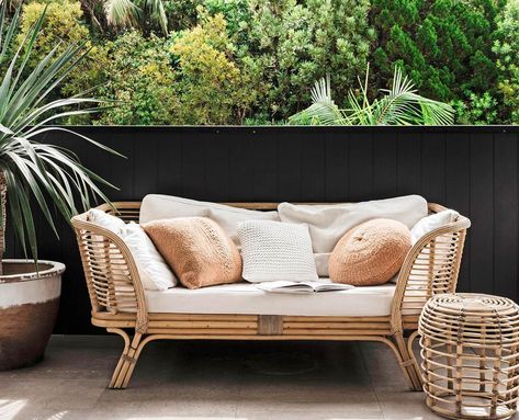 10 ideas for decorating with cane, wicker and rattan furniture | real living Bamboo Outdoor, Bamboo Sofa, Sunroom Furniture, Terrace Furniture, Small Balcony Design, Rattan Outdoor Furniture, Back Deck Decorating, Small Deck Decorating Ideas, Ideas For Decorating