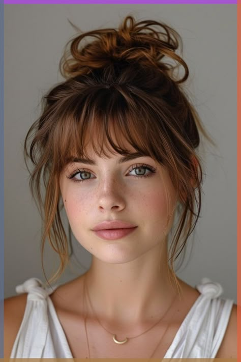 Easy French braid hair hack. Simple braid hair hack. Bangs With Part In The Middle, Brunette Bangs Straight Hair, Bangstyle Hair Long Ponytail, Fun Edgy Haircut, Bangs Fall 2024, Wispy Face Framing Bangs Round Face, Haircuts With Bangs For Fine Hair, Updo Big Forehead, 80s And 90s Hairstyles