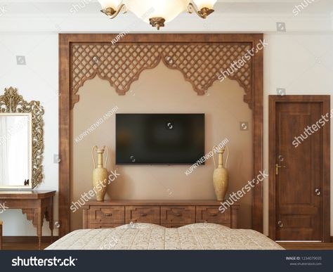 Traditional Tv Unit Design, Wooden Wall Tv, Interior Design Guidelines, Wall Tv Stand, Living Room Indian, Dads Room, Arabic Style, Tv Wall Decor, Clothes Organization Diy