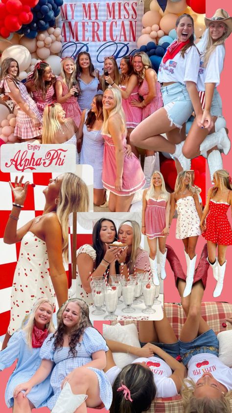 Sorority “My My Miss American Pie” Bid day, recruitment, workshop theme! #americana #america #american #mymymiss #sororitytheme #sorority #sororitylife #sororityrush #sororityrecruitment #bidday #bama #greeklife #bamarush #alabama #crimsontide #sororityrow #ginghamdress #cowboyboots #sororitypictureinspo #sororitypics #sisterhood #alphaomicronpi #alphao #aoii #americantheme #pie #cowboyboots #denim #cowboyhat  #cherry #milkshake #jeanshorts #cokebottle #cocacola #workshop  #sororityworkshop #sorority #americanpietheme #biddaytheme #biddaythemeidea #recruitmentthemeidea #sororitythemeidea #fourthofjuly #mymymissamericanpie #panhellenic Miss American Pie Outfit, Red White And Blue Bid Day, American Pie Outfits, Usa Sorority Theme, My My Miss American Pie Bid Day Theme, Miss American Pie Bid Day, My My Miss American Pie Outfits Sorority, Sorority Work Week Themes, Adpi Recruitment