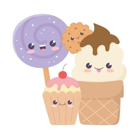 Bolinho de sorvete fofo e doce em bastão personagem de desenho animado kawaii Cupcake Ice Cream, Kawaii Ice Cream, Funny Stick Figures, Cute Cupcake, Ice Cream Design, Ice Cream Theme, Vector Art Design, Ice Cream Cookies, Kawaii Cartoon