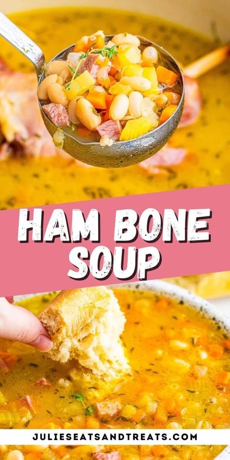 Got leftover ham bone? Make this delicious, easy Ham Bone Soup! It's loaded with navy beans, onion, carrot, celery and ham for a hearty dinner that will you fill you up. Perfect for a family dinner that everyone will love. Ham Bone Soup Recipes, Ham Bone Recipes, Leftover Ham Bone, Ham Soup Recipes, Ham Bone Soup, Navy Beans, Bone Soup, Holiday Leftovers, Leftover Ham Recipes