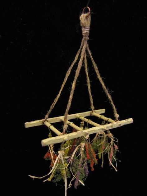 Hanging Herb Ladder Spooky Diorama, Witches Cabin, Hanging Herb Drying Rack, Fairy Projects, Diy Minatures, Herb Drying Rack, Spooky Miniatures, Herb Drying, Halloween Dollhouse