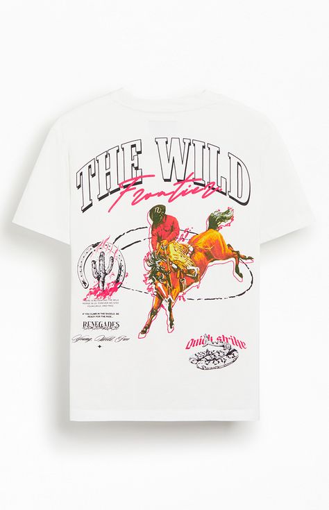 Explore in style with the Wild Frontier Oversized T-Shirt, featuring a crew neckline, short sleeves, and a oversized fit. This shirt boasts eye-catching graphics on the left chest and back, perfect for any adventure.   	Crew neckline 	Short sleeves 	Oversized fit 	Left chest & back graphics 	Machine washable Represent Thoroughbred T Shirt, Deus Ex Machina Tshirt, Life Of Pablo Merch, Minimal Tshirt Design, Minimal Tshirt, Vintage Shirt Design, Buffalo Shirt, Country Tees, Pacsun Mens