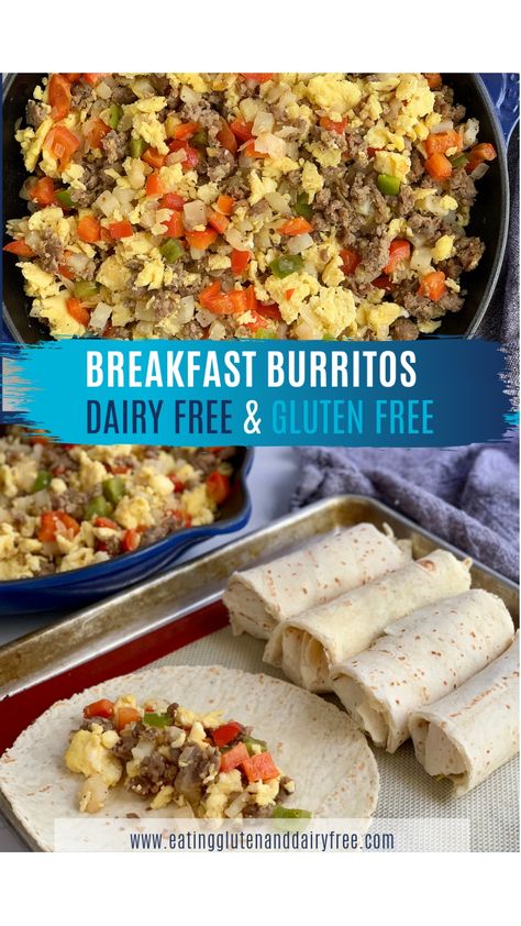 Breakfast burritos are a dream! They are filled with your gluten and dairy free breakfast favorites and ready in minutes. Allergy Friendly Breakfast, Homemade Breakfast Burritos, Dairy Free Breakfast Recipes, Dairy Free Breakfast, Dairy Free Meals, Dairy Free Recipes Dinner, Gf Breakfast, Dairy Free Breakfasts, Prep Breakfast