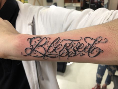 Blessed Tattoo On Arm, Blessed Tattoo Ideas, Blessed Tattoo, Blessed Tattoos, Cursive Tattoos, Omerta Tattoo, Red Tattoos, Tattoo Stencil Outline, Head Tattoos