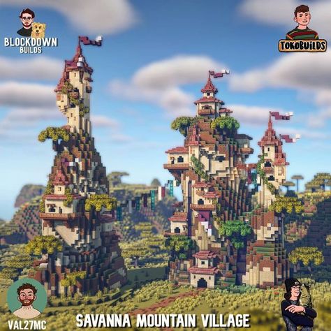 Minecraft Mountain Village Ideas, Blockdown Builds, Minecraft Savanna Village, Minecraft Mountain Village, Minecraft Savanna House, Unique Minecraft Builds, Minecraft Custom Village, Minecraft Mountain House, Minecraft Mountain