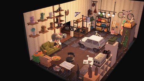 Animal Crossing Garage, Acnh Garage Design, Acnh Garage, Acnh Interior, Paradise Garage, Race Car Bed, Animal Crossing New Horizon, Acnh Inspo, Car Bed