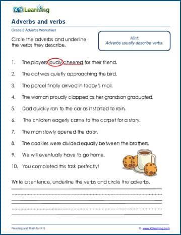 Adverbs and verbs | K5 Learning Verbs And Adverbs, Log Math, Worksheets Grade 2, Kindergarten Grammar, Adverbs Worksheet, Early Science, Cursive Writing Worksheets, Comprehension Exercises, Grade Spelling