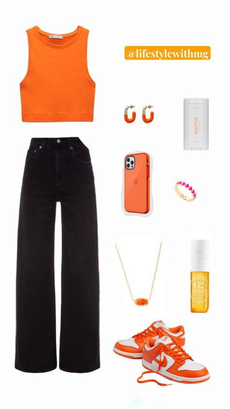 #preppy #fits #outfitinspo #orange Orange Shirt Day Outfit, Preppy Outfits Orange, Orange Spirit Day Outfit, Orange Preppy Outfit, Outfit Inspo Orange, Orange Outfit Ideas, Orange Top Outfit, Outfits For Highschool, Gameday Fashion