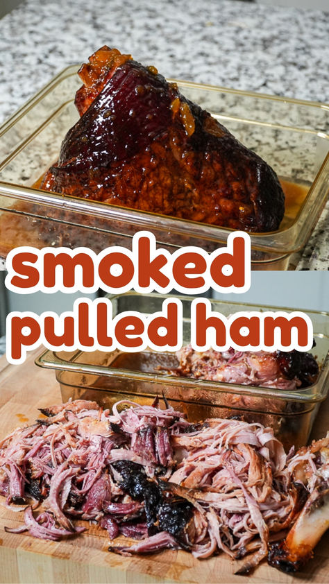 Glazed smoked ham in a glass dish, alongside tender pulled ham, perfect for serving at gatherings. Pulled Ham Recipes Oven, Pulled Ham In Oven, Smoked Shredded Ham, Pulled Ham Smoker, Smoked Pulled Ham Recipes, Smoked Ham Glaze Recipes, Pulled Ham Recipes, Smoked Pulled Ham, Smoked Ham Recipes Smokers