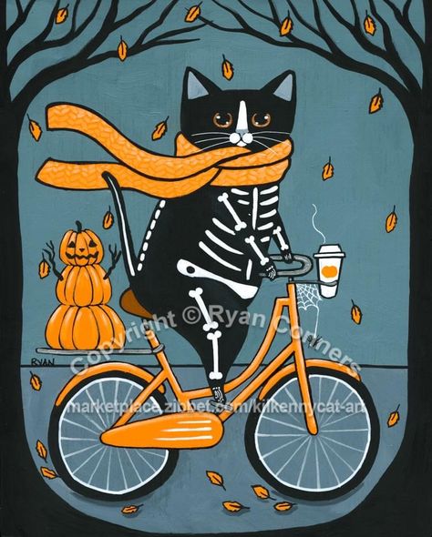 Cat Bicycle, Bicycle Ride, October Halloween, Halloween Goodies, Whimsical Cats, Cat Top, Ad Art, Tuxedo Cat, Folk Art Painting