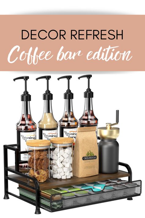 Some people prefer an old-fashioned drip coffee brewer, but those with particularly busy schedules still opt for a k-cup brewer. This storage shelf is for those people!    3-Tier 8 Bottles Coffee Syrup Rack with 35 K Cup Storage Basket for Coffee Bar Coffee Syrups Display, Coffee Bar With Syrup Display, Coffee Bar Syrup, Coffee Bar Station Ideas, Bar Station Ideas, Coffee Bar Storage, Kitchen Coffee Station, K Cup Storage, Coffee Syrups