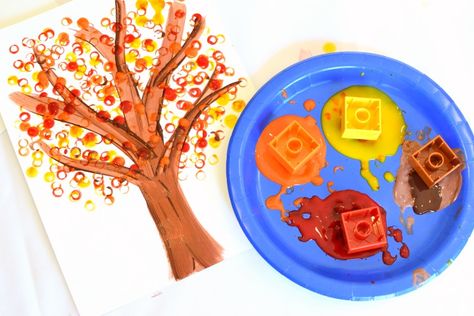 Lego Painting, Fall Tree Craft, Preschool Painting, Paint Leaves, Winter Crafts For Toddlers, Lego Tree, Activity For Preschool, Kids Fall Crafts, Tree Study