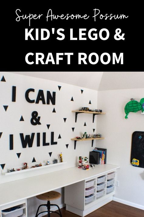 Awesome kid's lego and craft room with tons of lego storage and lego table space! This playroom features two awesome IKEA hacks creating tons of table space and storage. #legostorage #legotable #kidscraftroom | www.happyjoyfulhome.com Lego Storage Ikea, Kids Lego Storage, Ikea Kids Storage, Basement Kids, Lego Station, Lego Table Ikea, Trofast Ikea, Ikea Hack Kids, Playroom Inspiration