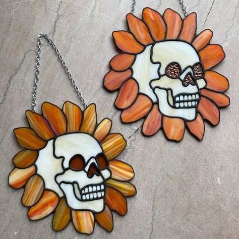 Skull Stained Glass Art, Stained Glass Skull Patterns, Halloween Stained Glass Patterns, Stained Glass Halloween Patterns, Stained Glass Skull, Stained Glass Halloween, Hanging Stained Glass, Being Patient, Flower Sunflower