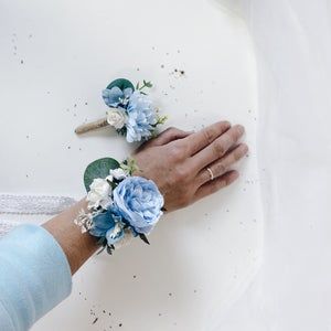 Royal Blue Wire Matching Wrist and Ring Corsages | Etsy Dusty Blue Corsage, Prom Corsage Blue, Boutonniere And Corsage, Corsage Wristlet, Prom Flowers Corsage, Blue Corsage, Floral Boutonniere, White Corsage, Prom Corsage And Boutonniere