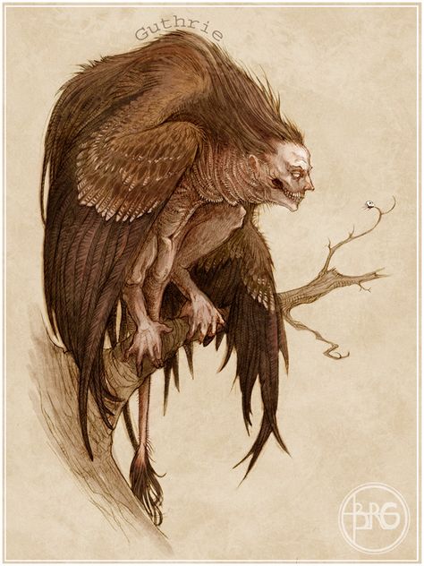 Well, it's not exactly a harpy since it has a more masculine face and harpies are always portrayed,as far as I've seen, as a hybrid of women and bird fe... The Harpy Fantasy Magic, Green Goblin, 다크 판타지, Monster Concept Art, Fantasy Monster, Mythical Creatures Art, Mythological Creatures, Monster Design, Creature Concept Art