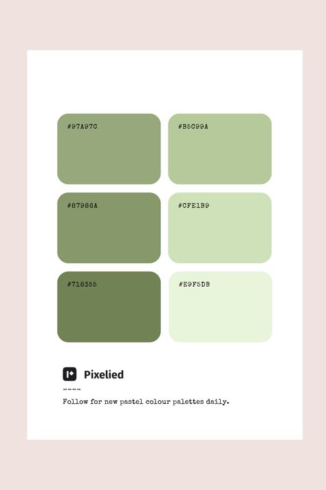 This green pastel color palette features a range of gentle, soothing shades from mint green to soft sage. These refreshing hues evoke a sense of calm and nature, making them perfect for creating serene and harmonious designs in illustration, branding, typography, and web UI. Soft Green Pallet Color, Green Canva Pallete, Green Palette Pastel, Canva Color Pallete Green, Green Pastel Pallete, Combination Of Green Colour, Calm Green Color Palette, Pastel Green Pallete, Fresh Green Color Palette