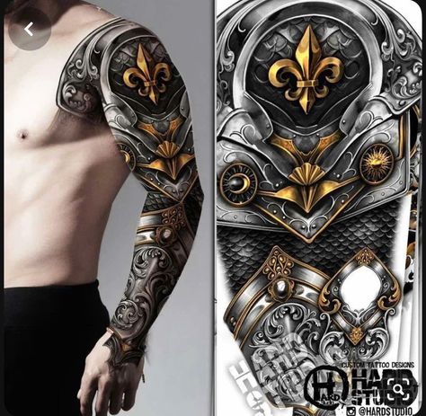 Shoulder Plate Tattoo, Armor Tattoo Sleeve, Chainmail Tattoo, Medieval Tattoo Sleeve, Knight Tattoo Design, Armor Sleeve Tattoo, Armour Tattoo, Shoulder Armor Tattoo, Body Armor Tattoo