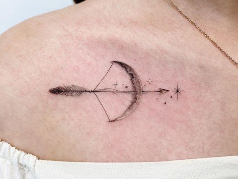 Tattoos Crescent Moon, Moon Bow And Arrow, Bow Arrow Tattoos, Moon Tattoo Design, Moon Tattoo Ideas, Sagittarius Tattoo Designs, Arrow Tattoos For Women, Hero Tattoo, Moon Tattoos