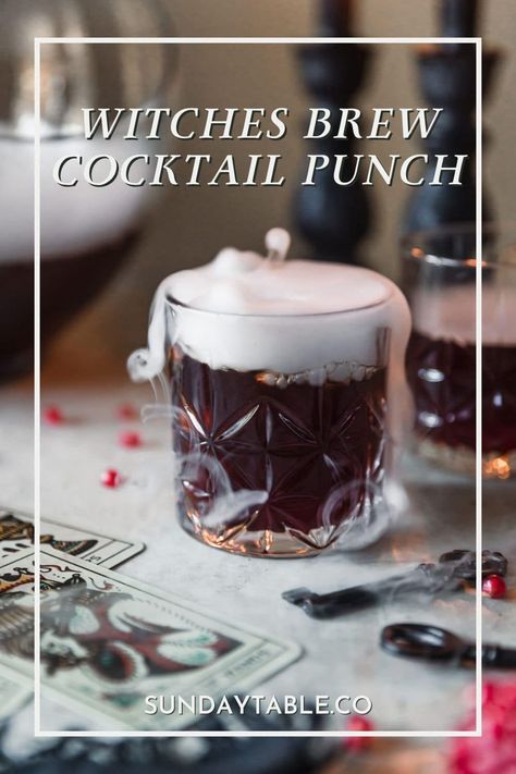 Looking for a creative way to wow your friends at this year's Halloween party? Witches brew cocktail punch is the ultimate easy cocktail for Halloween parties! This spiked punch recipe has pomegranate, blueberry liqueur, tequila (or vodka), and lemon for a sweet-tart adult drink inspired by candy. I also like to mix in dry ice for a cute, witchy vibe. It's the best cocktail for a crowd - it's not too sweet, easy to mix up, and it's a huge crowd pleaser. This Halloween cocktail is the best! Witches Punch Alcohol, Halloween Punch Recipes Alcoholic Big Batch, Drunken Witch Drink, Halloween Party Drinks Alcohol Big Batch, Halloween Spiked Punch, Halloween Batch Cocktails, Witchy Cocktails, Halloween Cocktails Punch, Halloween Party Drinks Alcohol