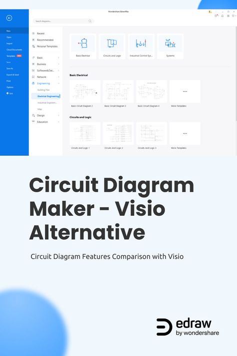 EdrawMax is a vector-based circuit diagram desktop software containing similar features with Microsoft Visio, which is used as a solid Visio replacement for making electrical circuit diagrams. It contains 20 libraries of standard circuit symbols and various starting templates. It's simple, fast and extremely easy to use. With it, even novices could make good looking circuit schematics. Circuit Symbols, Microsoft Visio, Electrical Circuit, Electrical Circuit Diagram, Business Software, Circuit Diagram, Visual Representation, Electrical Engineering, Made Goods