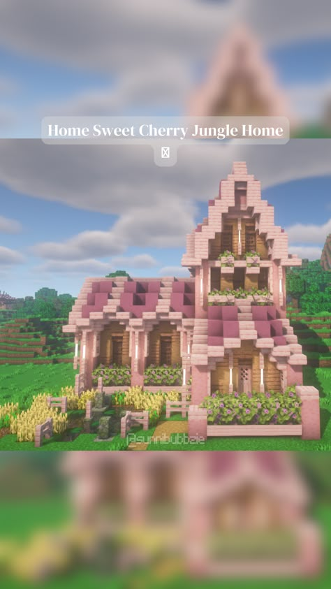 Pink Fairy Minecraft House, Cutesy Minecraft Builds, Pink Cottage Core Minecraft House, Castle Minecraft Blueprints, Pink Wood Minecraft Builds, Pink Cottagecore Minecraft, Minecraft Cliff House, Minecraft Pasta, Minecraft Wall Designs