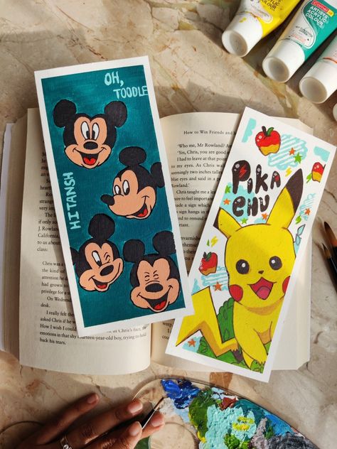 Mickey mouse bookmak | Pikachu bookmark | DIY Bookmarks | Easy bookmark | Nothing...Just Art | Prutha Shah Mickey Mouse Bookmark, Pikachu Bookmark, Diy Bookmarks Easy, Cartoon Bookmarks, Bookmark Diy, Card Design Handmade, Diy Crafts Bookmarks, Bookmark Ideas, Bookmarks For Books