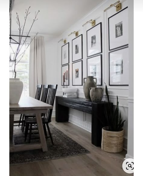 Gallery Wall And Console Table, Wall Space Ideas Dining Room, Dining Room Photo Wall Decor, Console Table Next To Dining Table, Console And Dining Table, Side Board Styling Behind Couch, Dinning Table Console, Dining Buffet Wall Decor, Console Behind Dining Table