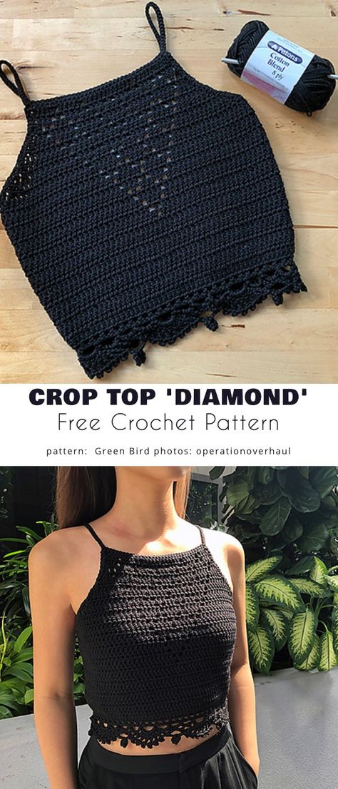 Crop Top 'Diamond' Crochet Yoga Top, How To Crochet A Tank Top, Halter Top Crochet Pattern Free, Crop Top Crochet Pattern Free, Basic Crochet Top, Diy Crochet Halter Top, Easy Crochet Halter Top, Crochet Black Top, Crochet Halter Tops Free