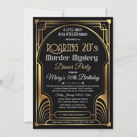 Roaring 20s Murder Mystery Invitation  Zazzle 1920s Party Invitations, Roaring 20s Invitation, 20s Party Decorations, Roaring 20s Birthday, Black And Gold Art, Mystery Dinner Party, 25th Anniversary Party, Art Deco Invitations, Roaring 20s Party