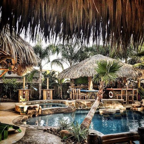 Tiki Island Texas, Tiki Pool Decor, Tiki Hut Backyard, Backyard Tiki Bar, Tiki Bars Backyard, Tiki Backyard, Tiki Pool, Jungle Pool, Outdoor Tiki Bar