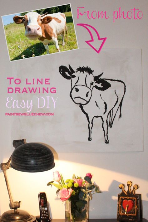 Easy DIY art work  Use this technique to copy any photo to make a unique wall art.  #wallartideas #artideas #canvasideas #ideastodecorateawall Photo To Line Drawing, Diy Art Work, Line Drawing From Photo, Ideas Illustration, Creative Wall Art, Easy Art Projects, Monochrome Art, Diy Home Decor Ideas, Cow Art