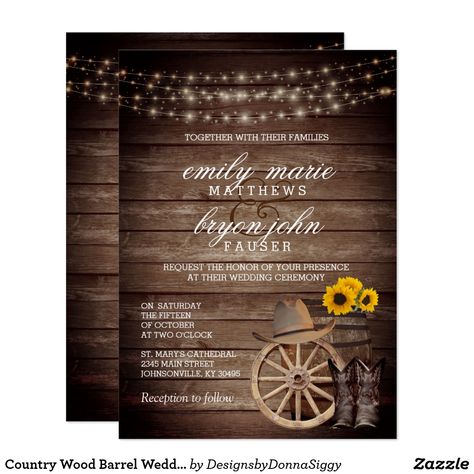 Wedding With Sunflowers, Country Style Wedding Invitations, Country Themed Wedding Invitations, Western Wedding Invitations, Lilac Wedding Bouquet, Sunflower Invitations, Barrel Wedding, Wood Barrel, Rustic Boho Wedding