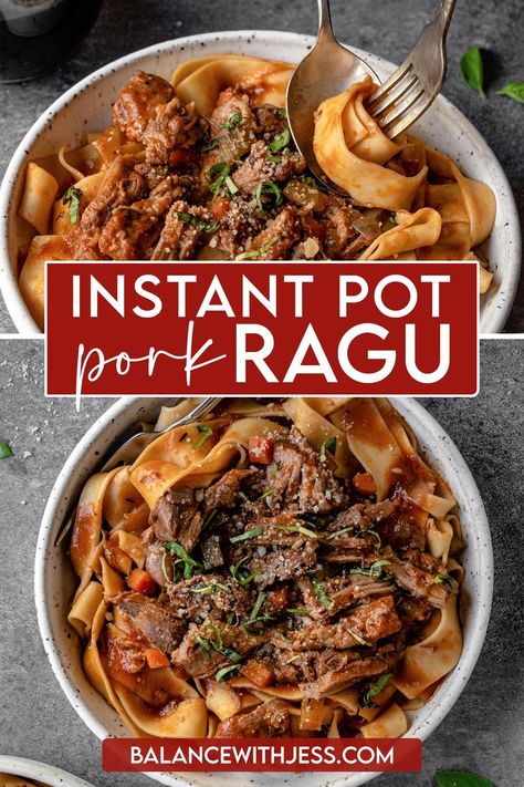 This homemade Instant Pot Pork Ragu is the ultimate comfort food. The pressure cooker braises pork shoulder in a fraction of the time to make juicy, succulent shredded pork in a rich tomato sauce. This easy recipe is great for Sunday supper or a quick weeknight meal. Gluten free, dairy free, healthy. Braised Pork Shoulder, Pork Ragu, Pork Shoulder Recipes, Ragu Sauce, Ragu Recipe, Weekend Dinner, Instant Pot Pork, Shredded Pork, Braised Pork