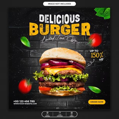 Emongrapic | Freepik Burger Specials, Food Social Media, Food Web Design, Food Burger, Restaurant Social Media, Fast Food Menu, Food Template, Restaurant Flyer, Food Banner