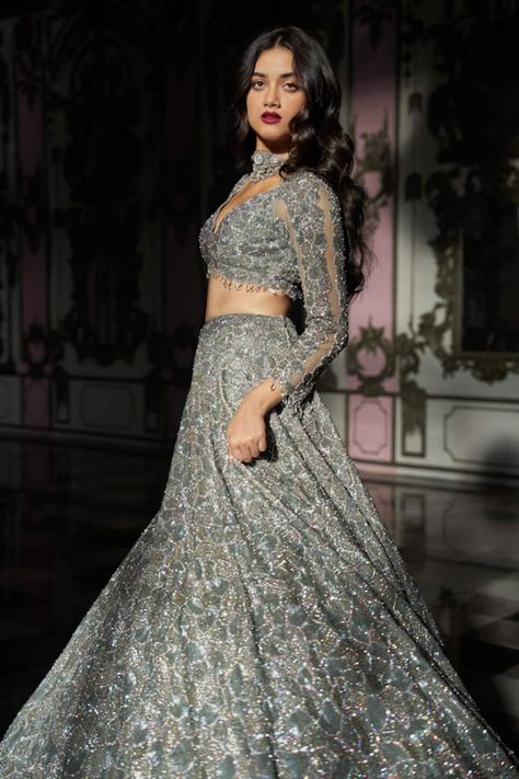 Buy Seema Gujral Silver Net Sequins Embroidered Blouse Lehenga Set Online | Aza Fashions Sangeet Lehenga For Bride, Silver Bridal Lehenga, Desi Outfit Ideas, Engagement Couple Dress, Plunging Neckline Blouse, Tulle Lehenga, Lehenga For Bride, Sangeet Lehenga, Seema Gujral