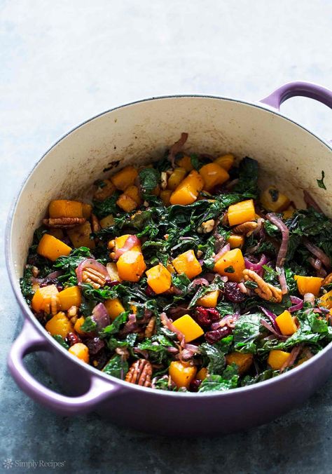 Great side dish for the holidays! Roasted cubes of butternut squashed tossed with balsamic sautéed onions, kale, pecans, dried cranberries. Easy! Comes together in the time it takes to roast the squash. Delicious and #vegan! On SimplyRecipes.com Baby Ribs, Swiss Chard Recipes Easy, Best Butternut Squash Recipe, Paleo Pumpkin Recipes, Fitness Breakfast, Butternut Squash Kale, Sautéed Onions, Swiss Chard Recipes, Pastas Recipes