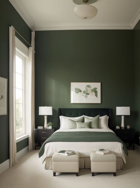 Create a striking contrast by painting one wall in a dark green hue to serve as a statement accent in your bedroom. Pair it with soft neutral colors like cream and beige for a sophisticated color palette. Black And Green And White Bedroom, Black Room With Green Accents, Bedroom Inspirations Forest Green, Black White And Forest Green Bedroom, Black White And Hunter Green Bedroom, White Bedroom With Dark Green Accents, Sage Green Black And Wood Bedroom, Black Bed With Green Bedding, Black Furniture Green Walls