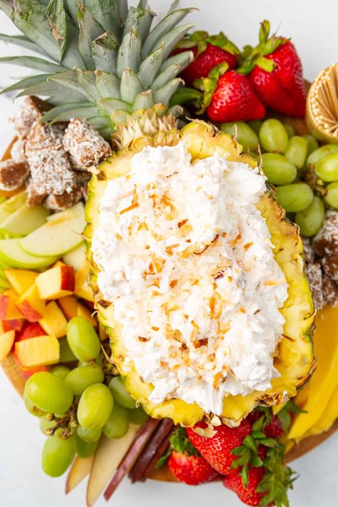 This Easy Pina Colada Fruit Dip makes an awesome presentation for a fruit platter. It is very simple to put together but will get you rave reviews. Hawaiian Theme Food, Beach Party Food, Easy Fruit Dip, Pina Colada Recipe, Fruit Dips Recipes, Fruit Dip, Fruit Salad Recipes, Eat Fruit, Fruit Platter