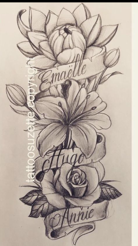 Name Flower Tattoo, Leg Sleeve Tattoos, Leg Tattoo Ideas, Tattoos Drawing, Rose Drawing Tattoo, Name Drawings, Tattoos With Kids Names, Mommy Tattoos, Flower Tattoo Shoulder