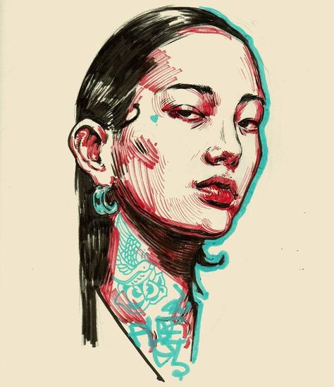 Cool Portrait Drawings, Alvaro Escobar Art, Ink And Marker Art, Marker Art Portrait, Alvaro Escobar, Funky Drawing, Marker Portrait, Paint Marker Art, Inking Art