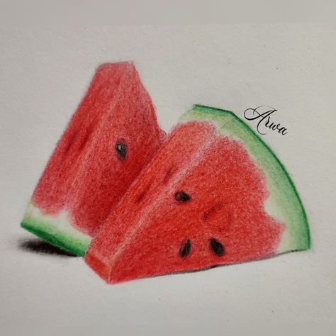 Vegetable Pencil Drawing, Drawing Watermelon, Vegetables Drawing, Watermelon Drawing, Vegetable Drawing, Dotted Drawings, Color Pencil Sketch, Watermelon Art, Prismacolor Art